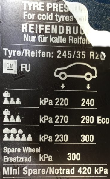 Vauxhall Insignia 24535R20 Tyre Pressure Placard