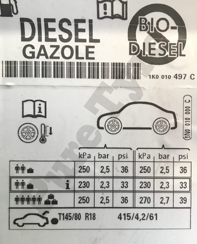 Volkswagen Tiguan Tyre Pressure Placard Pure Tyre 01603 462959