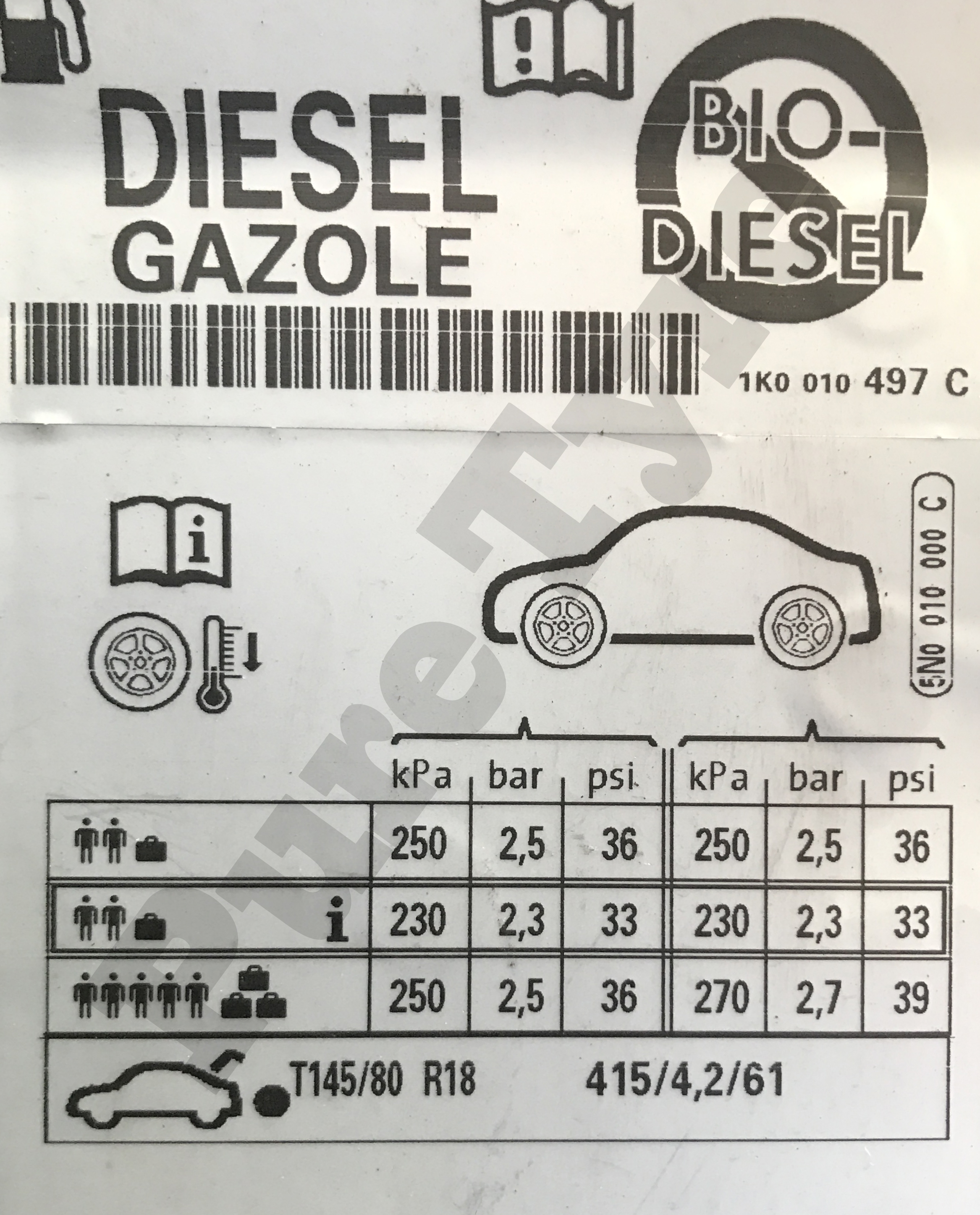 VW Tiguan Tyre Pressure Placard Pure Tyre 01603 462959