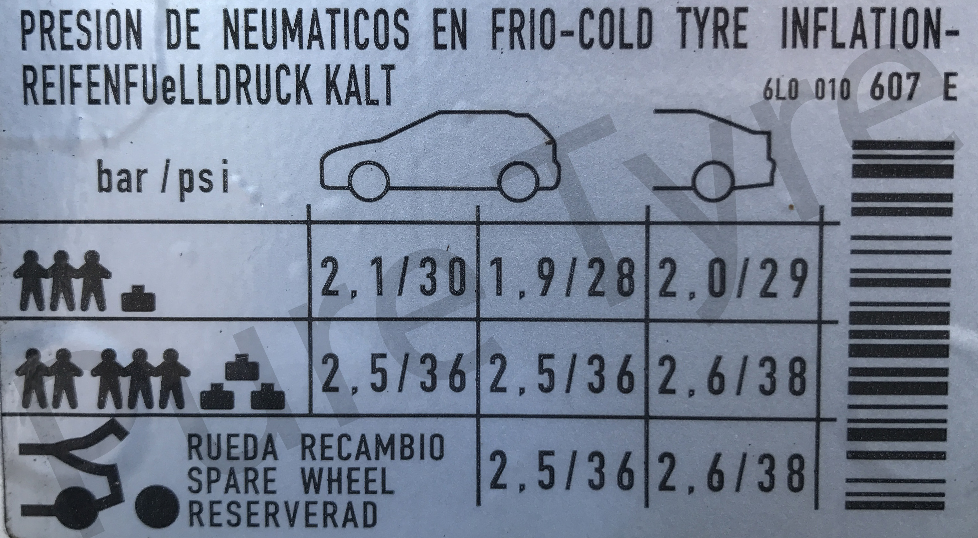 Seat Tyre Pressure Placard Pure Tyre 01603 462959