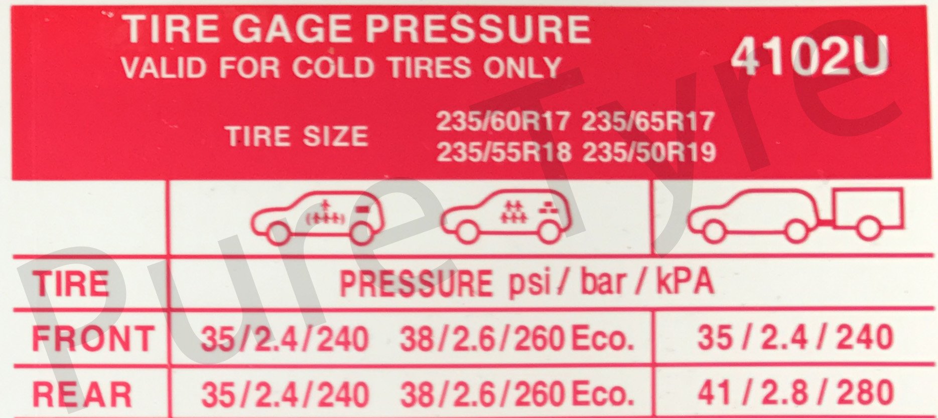 Vauxhall Antara Tyre Pressure Placard Pure Tyre 01603 462959