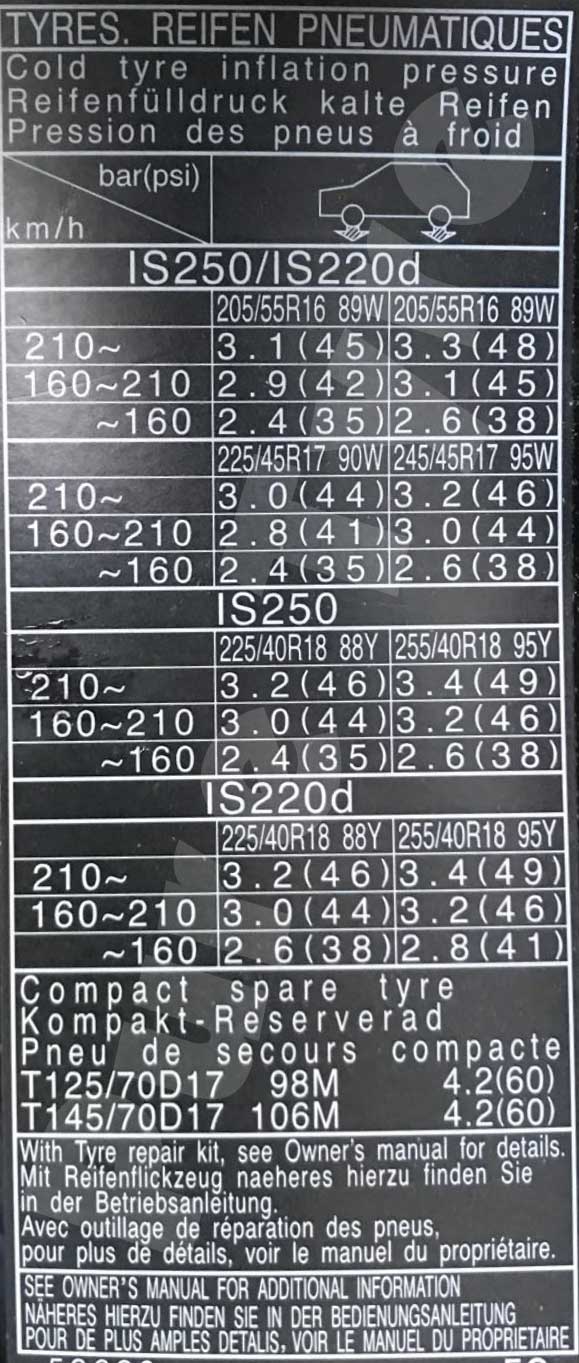 Lexus IS220D IS250 Tyre Pressure Placard Pure Tyre 01603 462959