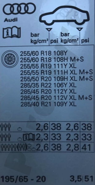 Audi Q5 tyre pressure placard