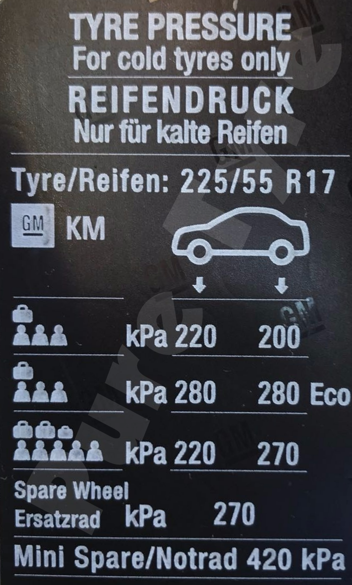 Vauxhall Insignia (11 17) Tyre Pressure Placard Sticker Vauxhall Insignia (11 17) Tyre Pressure Placard Sticker