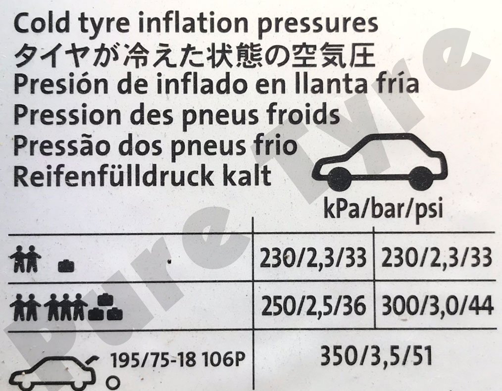 Volkswagen Touareg Tyre Pressure Placard Pure Tyre 01603 462959