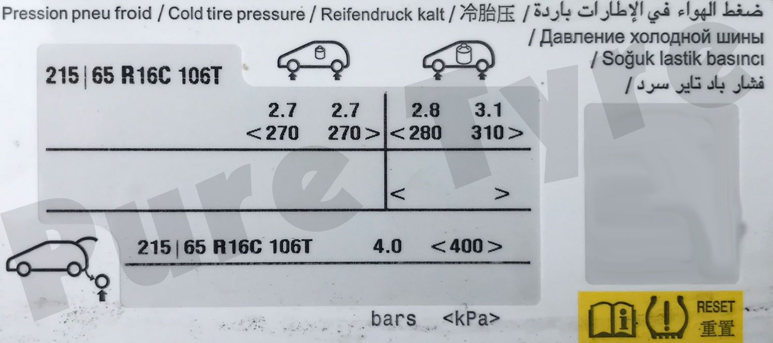 Citroen SpaceTourer 21565R16 Tyre Pressure Placard Pure Tyre 01603 462959 Citroen SpaceTourer 21565R16 Tyre Pressure Placard Pure Tyre 01603 462959