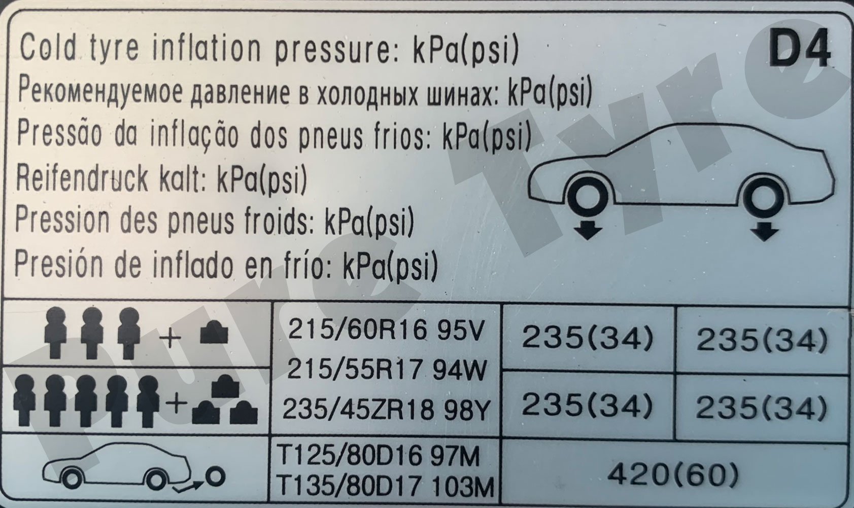 Kia Optima Tyre Pressure Placard Pure Tyre 01603 462959