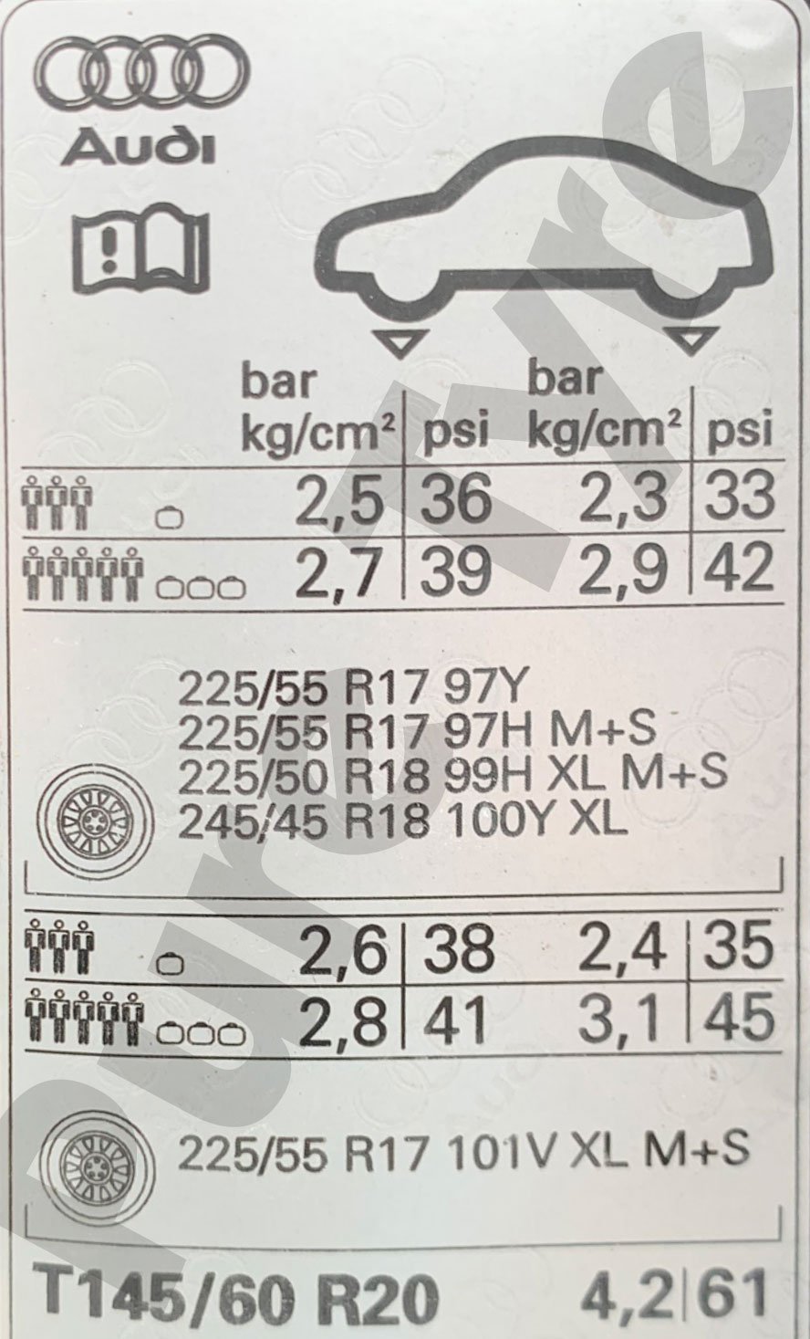 Audi A6 Tyre Pressure Placard Pure Tyre 01603 462959