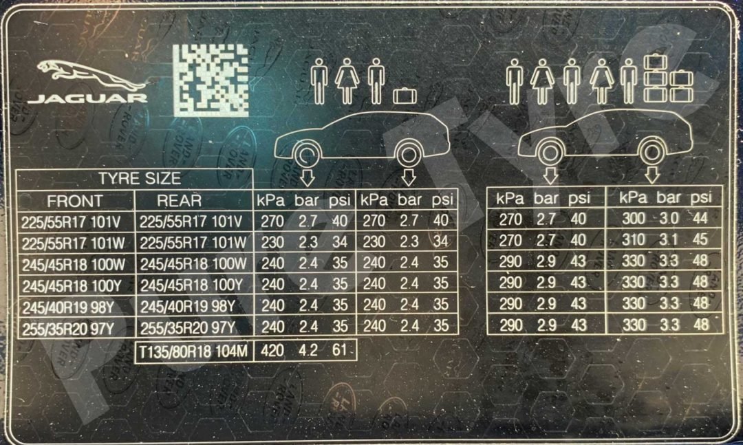 Jaguar XF Tyre Pressure Placard Pure