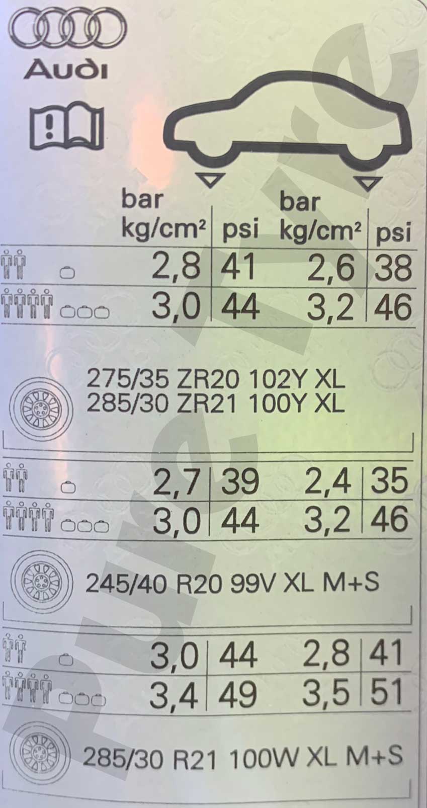 Audi A6 RS6 (14 22) Tyre Pressure Placard Sticker