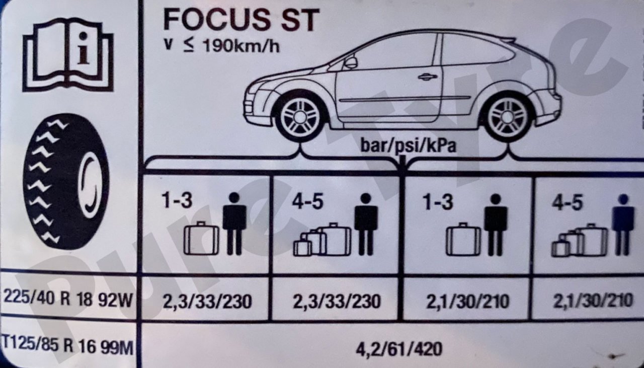 Ford Focus ST tyre pressure placard