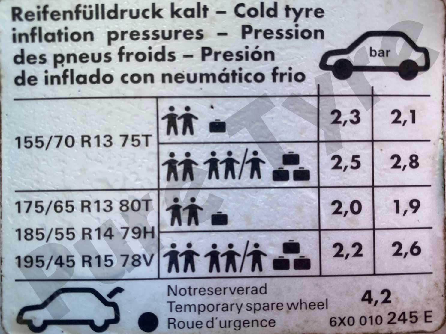 SeatArosaTyrePressurePlacard Pure Tyre 01603 462959