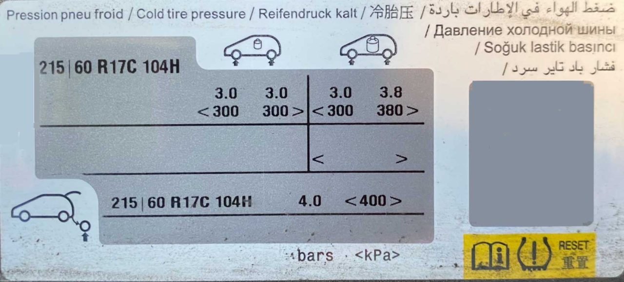 Peugeot Expert Tyre Pressure Placard Pure Tyre 01603 462959
