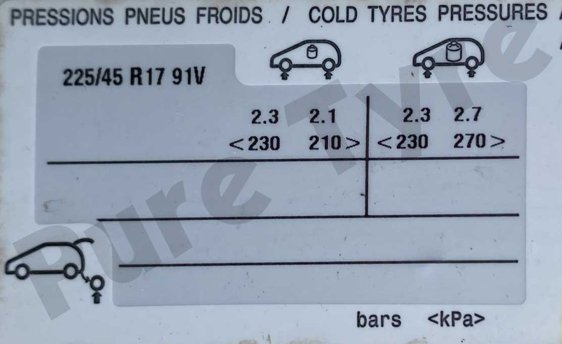 Citroen C4 Tyre Pressure Placard 22545R17 Pure Tyre 01603 462959