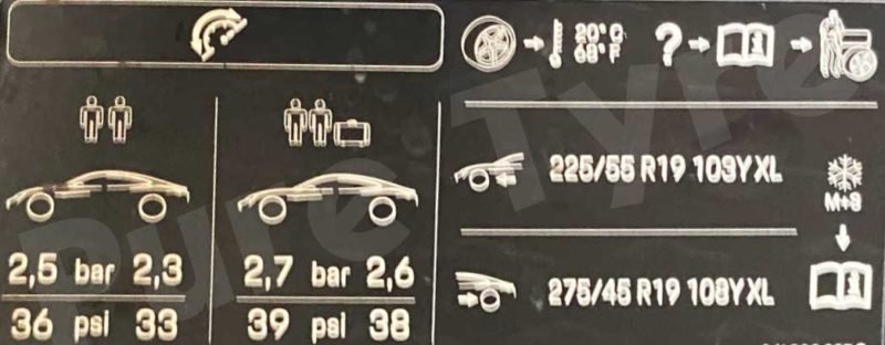 Porsche Taycan 4S tyre pressure placard