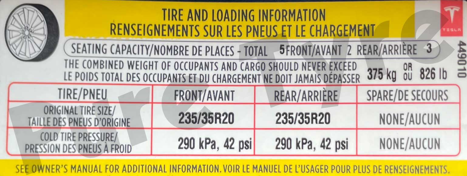 Tesla 3 Tyre Pressure Placard 2353520 Pure Tyre 01603 462959
