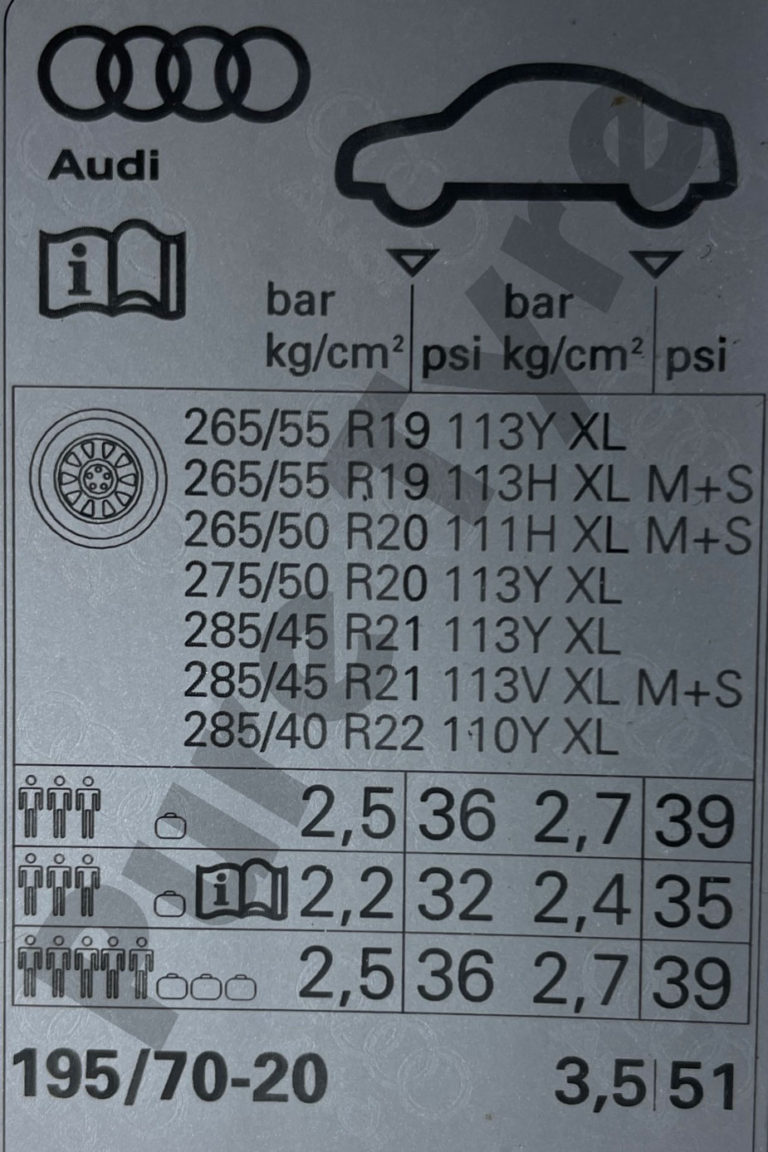 Audi Q8 ETRON tyre pressure placard