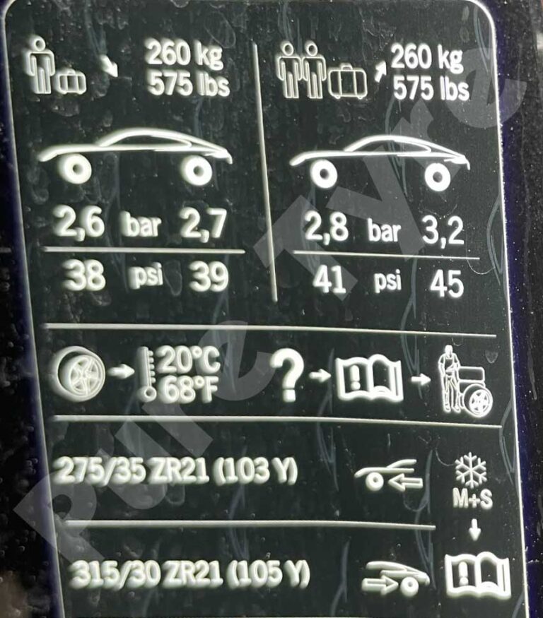 Porsche Panamera Hybrid tyre pressure placard