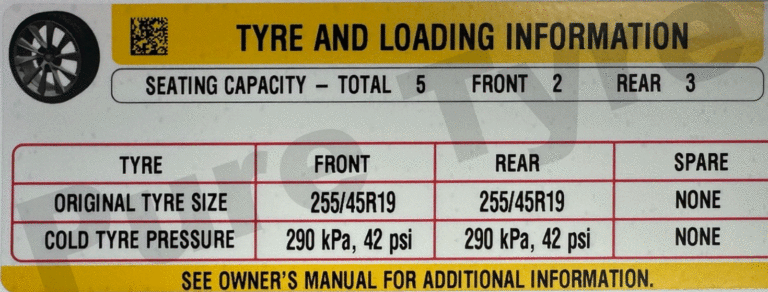 Tesla Model Y tyre pressure placard