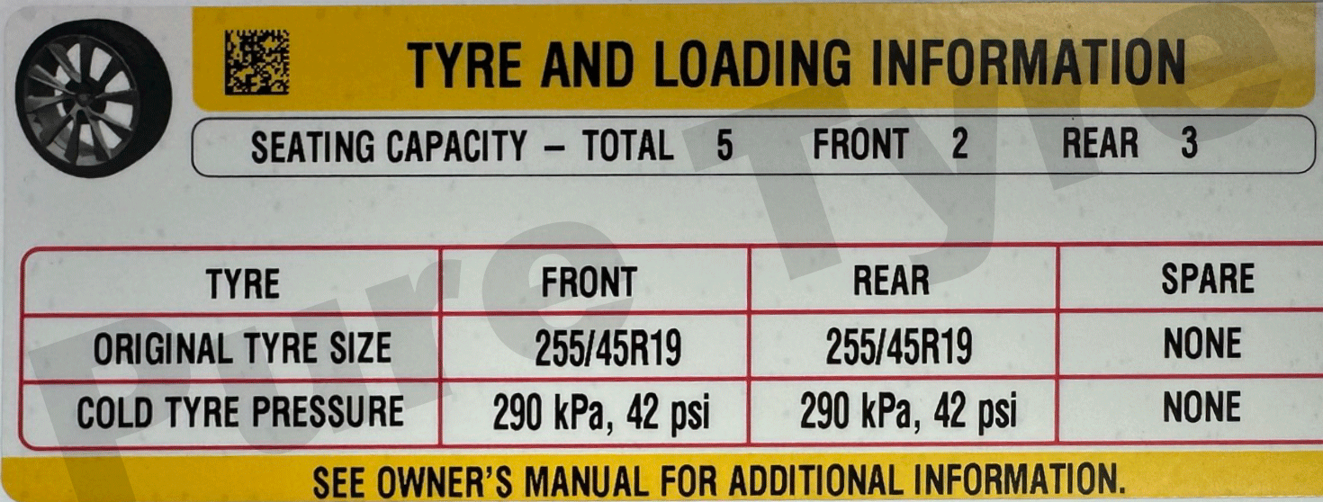 TeslaModelY25545R19TyrepressurePlacard Pure Tyre 01603 462959
