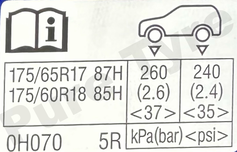 Toyota Aygo 2021 on Tyre Pressure Placard Pure Tyre 01603 462959