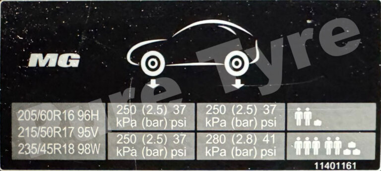 Tyre-pressure placard for Rover MG 4 EV