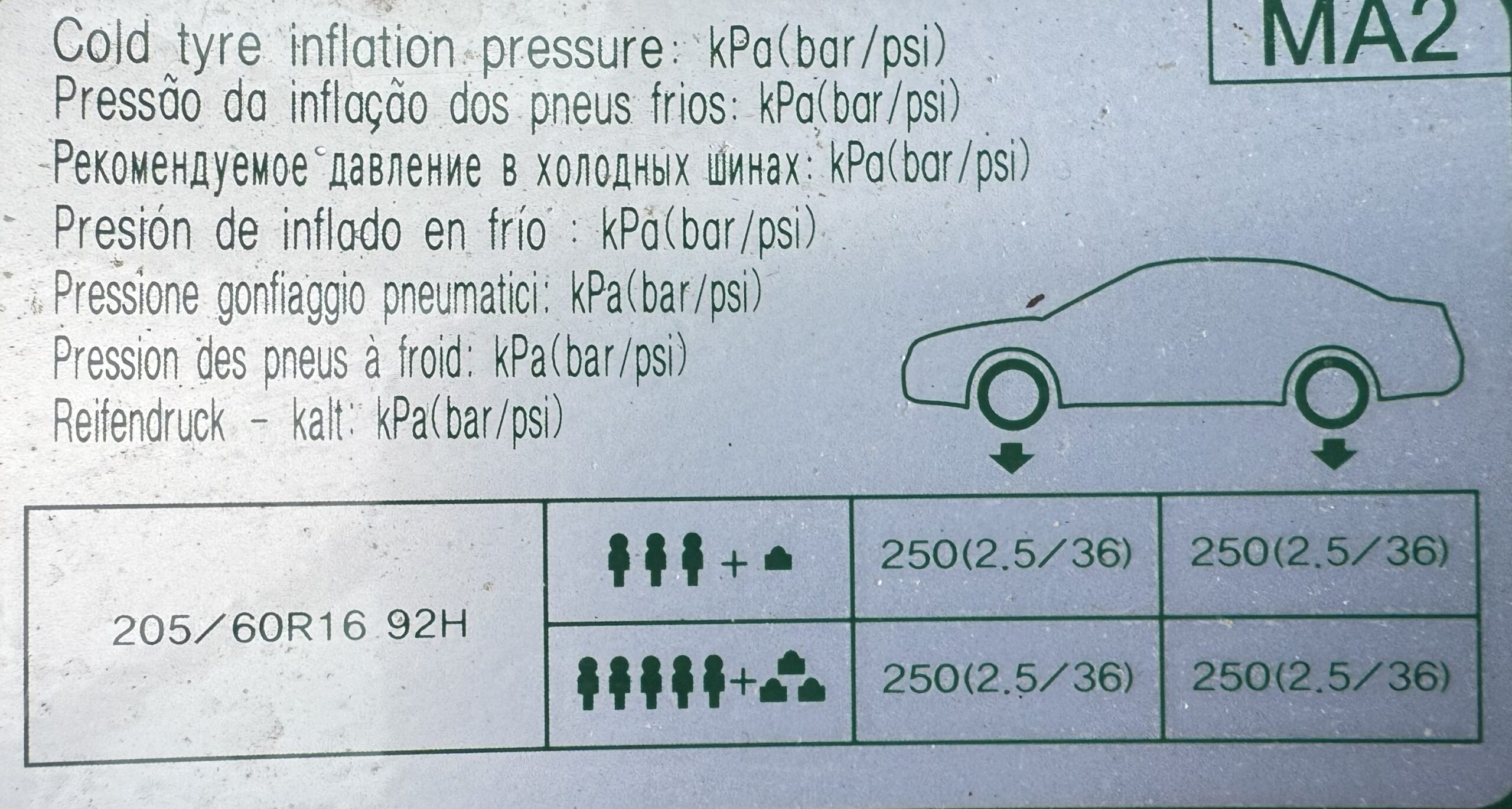 Hyundai Ioniq tyre pressure placard