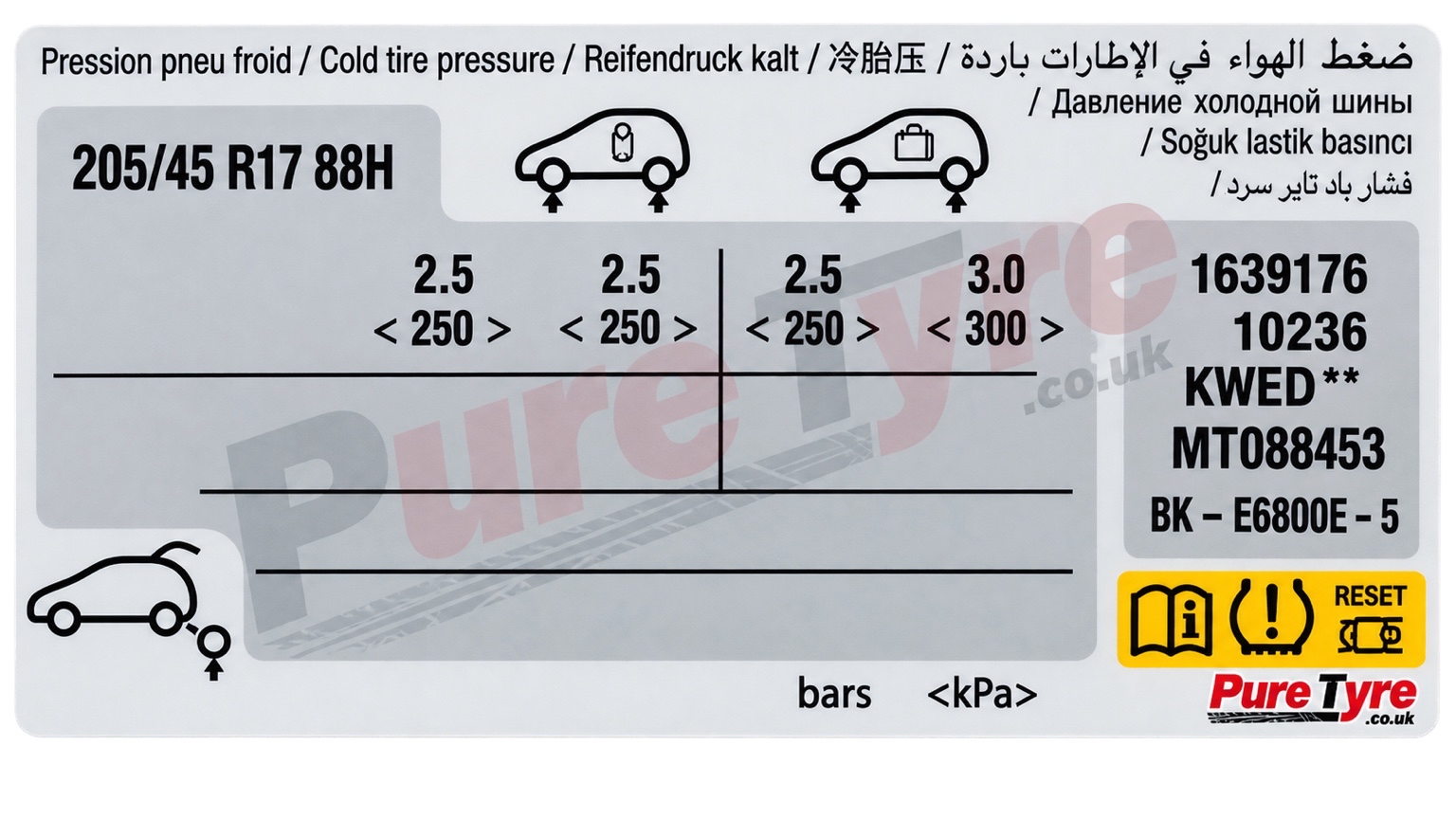 Peugeot e-208 Tyre Pressure Placard