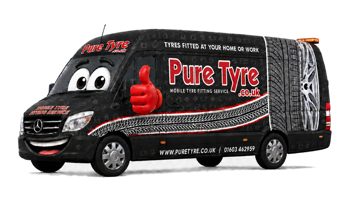 Animated Pure Tyre mobile tyre fitting van giving a red thumbs up