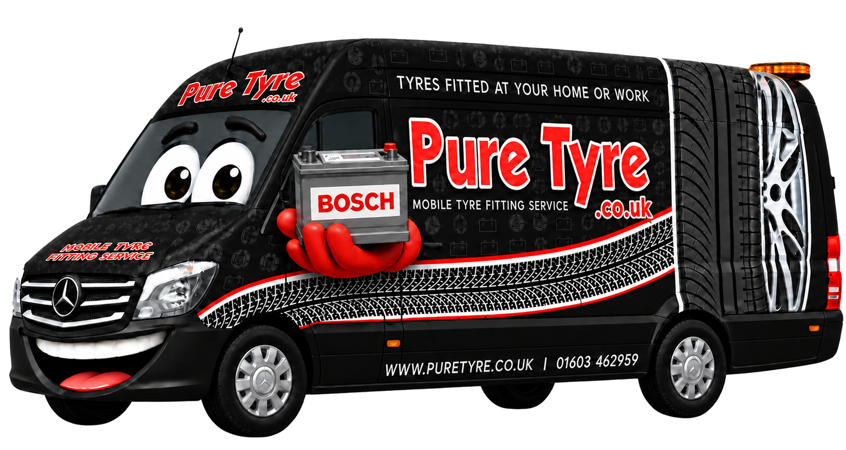 Pure Tyre mobile battery fitting van holding a car battery