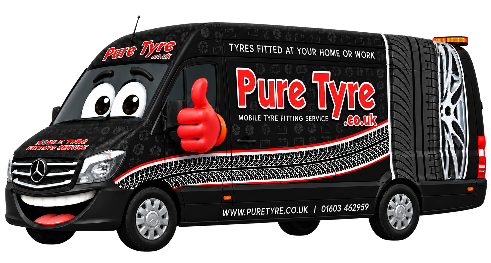 Animated Pure Tyre mobile tyre fitting van giving a red thumbs up