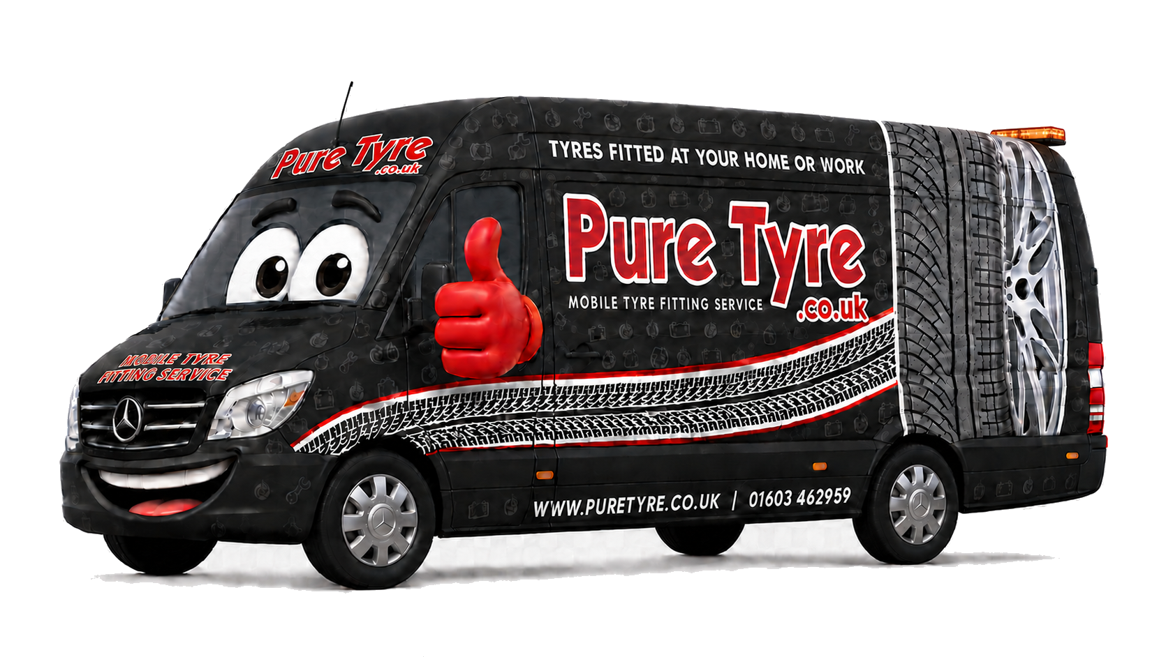Animated Pure Tyre mobile tyre fitting van giving a red thumbs up