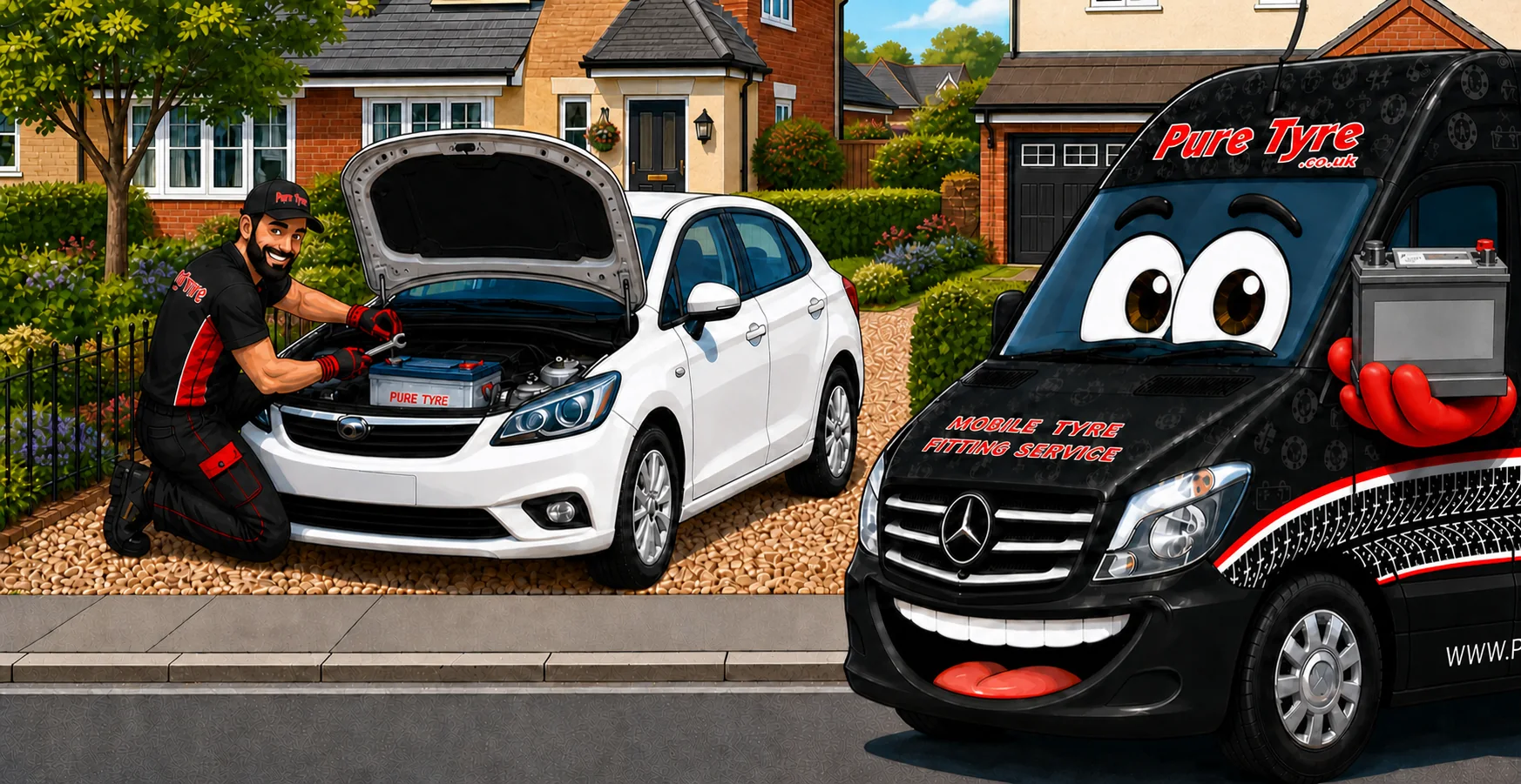 Pure Tyre mobile battery fitting technician replacing a car battery at a customer’s home in Norwich