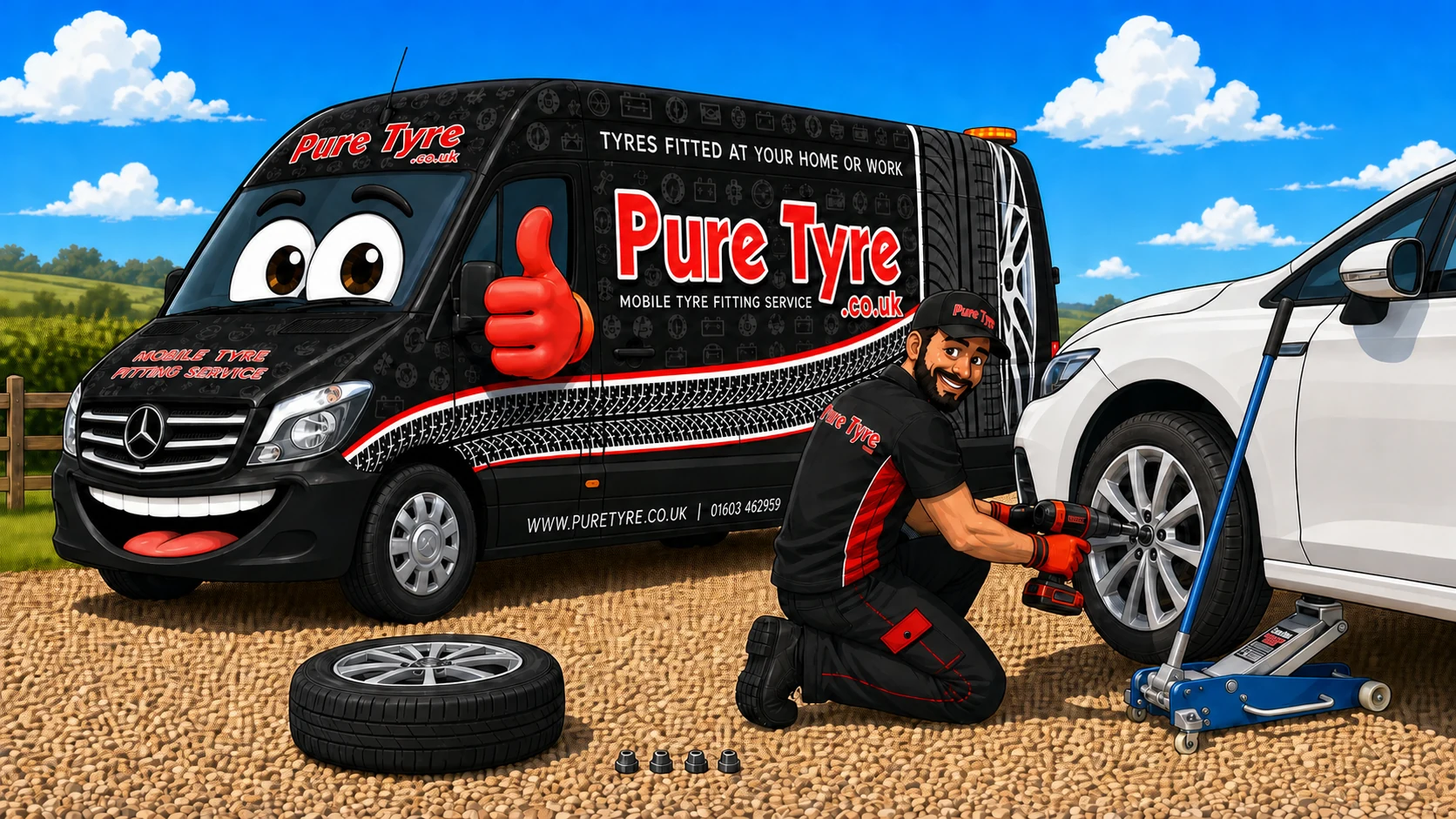 Pure Tyre mobile tyre fitting service in Norwich fitting a replacement tyre at the customer’s location