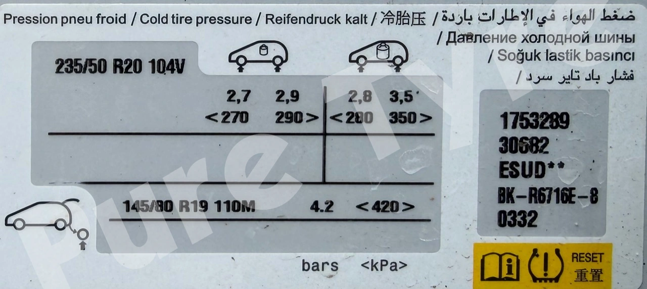 Peugeot E-5008 Tyre Pressure Placard