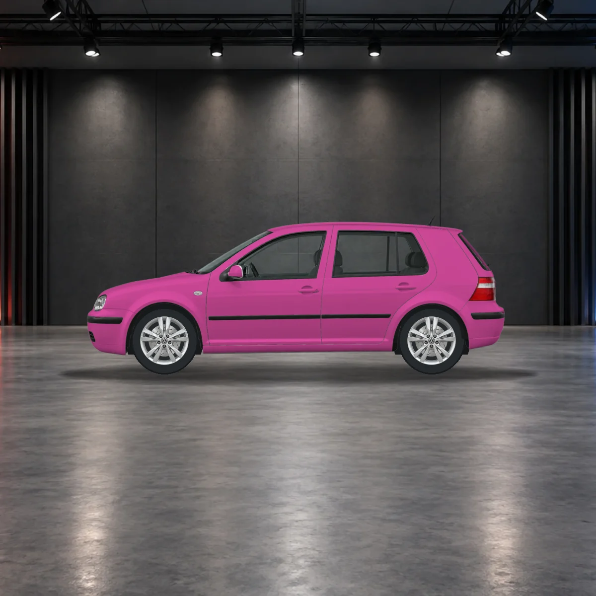 VW Golf with alloy wheels in the showroom