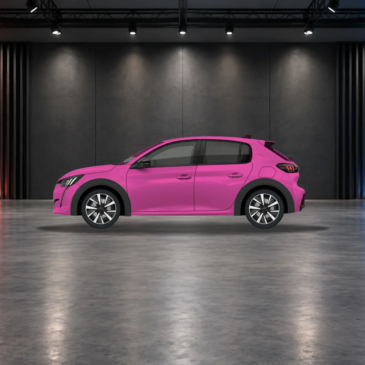Peugeot 208 with alloy wheels in the showroom
